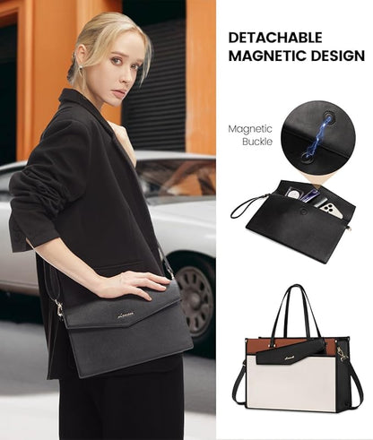 LOVEVOOK Laptop Bag for Women, 17.3'' Laptop Tote Purse 2-in-1 Professional Work Bag Business Briefcase with Clutch Purse, Waterproof Leather Computer Handbag for Teacher Office Travel
