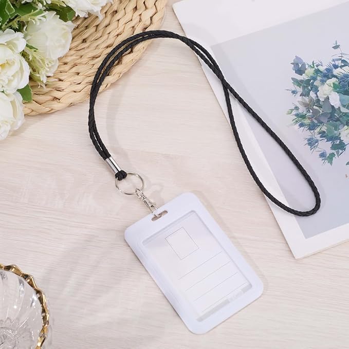 32.68 Inch PU Braided Leather Lanyard Strap Keychain Handmade Strong Office Long Neck Strap with Metal Clasp Wristlet Bracelet Necklace Badge Keychain Cord for ID Card Holder Keys (Black)
