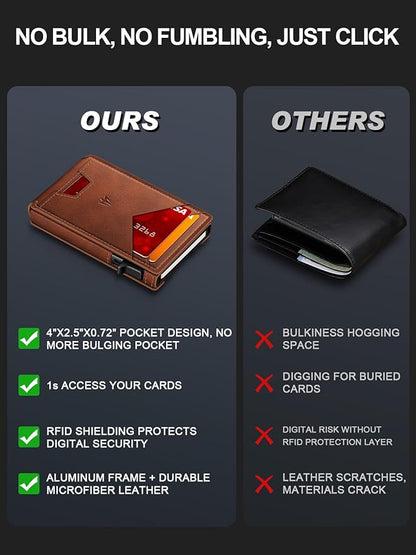 Wallet for Men, Slim Minimalist Wallet with Money Clip＆ID Window, RFID Blocking Pop-Up Credit Card Holder, Smart Auminum Mens Wallet Holds 9-13 Cards (Gift Box) (Red Brown)