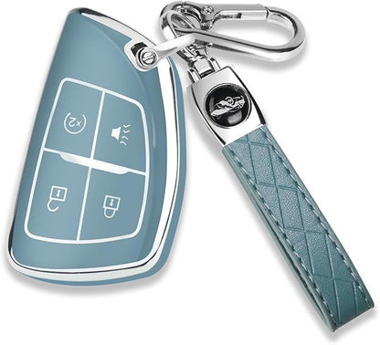 QBUC for Chevy Key Fob Cover with Keychain Soft TPU Protection Case Compatible with 2021-2026 Chevy Colorado Equinox Silverado GMC Canyon Sierra Terrain 4-Buttons(Chrome Trim Blue)