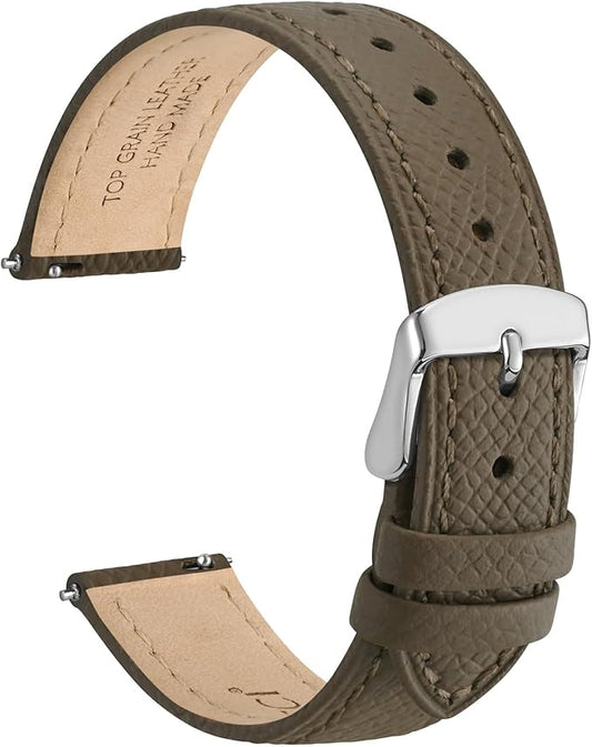 WOCCI 18mm Grace Leather Watch Band for Ladies, Top Grain Leather, Quick Release Replacement Strap with Silver Buckle (Elephant Grey)