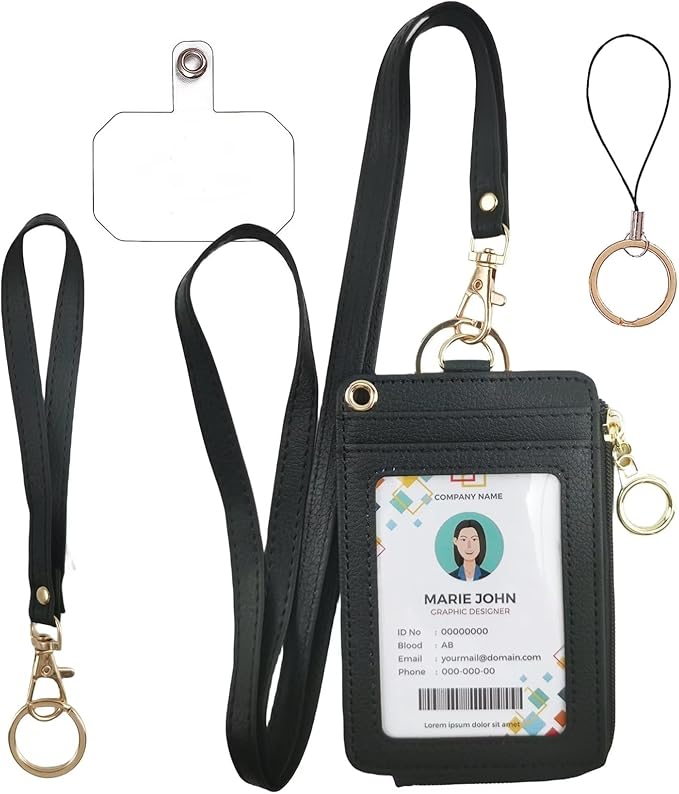 bolimoss Black Lanyards for Id Badges, Pu Leather ID Badge Card Holder Wallet with 1 Clear ID Window, 4 Credit Card Slots, 1 Side Zipper Pocket,Wrist Strap, Neck Lanyard,Phone Holder, Ring Keychain