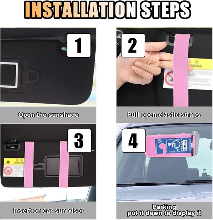 JOYCOURT Handicap Placard Holder for Car, Disabled Parking Permit Sign Protector, Car Interior Sun Visor Storage Clip with Pen Holder, Note Paper Slot, Elastic Strap (Pink)