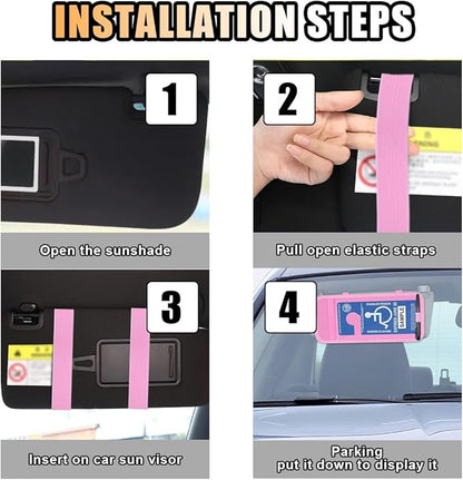 JOYCOURT Handicap Placard Holder for Car, Disabled Parking Permit Sign Protector, Car Interior Sun Visor Storage Clip with Pen Holder, Note Paper Slot, Elastic Strap (Pink)