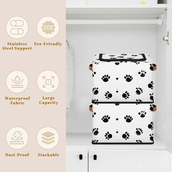 Dogs Footprints Storage Bins With Zipper Lid, Collapsible Trunk Organizer, Car Organizers and Storage Bins with Lids, Decorative Storage Boxes with Handle, Home Storage Baskets for Organizing