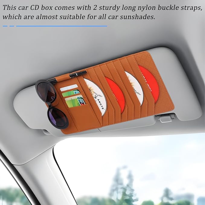 CD Case Holder for Car Sun Visor, Visor DVD Storage Organizer with Sunglasses Clip, Pen Holder & Card Slot, Multifunctional Automotive Disc Storage Pocket, Universal for SUV RV Truck (Brown)