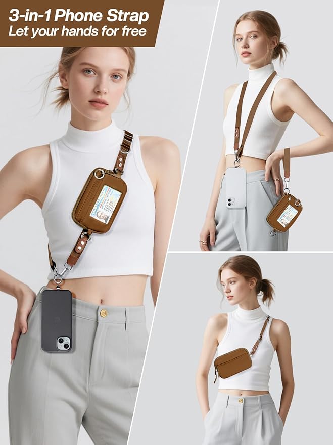 Tiostep Clip and Go Strap for Phone with Wallet Crossbody Phone Lanyard Adjustable and Detachable RFID Wristlet Wallet with ID Window and Zipper, Brown