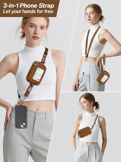 Tiostep Clip and Go Strap for Phone with Wallet Crossbody Phone Lanyard Adjustable and Detachable RFID Wristlet Wallet with ID Window and Zipper, Brown