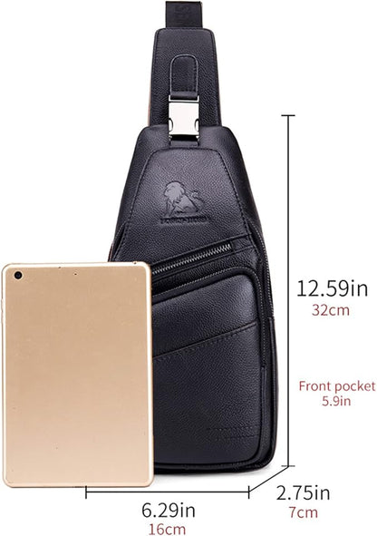 Pundarika Leather Sling Bag for Men - Crossbody Shoulder & Chest Bag; Multifunctional Travel & Hiking Backpack - Black