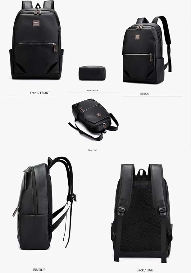 Business Men and Women PU Leather Backpack 15.6inch Laptop Waterproof Backpack Travel Commuter Lightweight schoolbag (Black backpack6,Large)