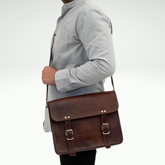 IndianHandoArt 16" Inch Leather Messenger Bag vintage satchel bag Crossbody for Men and Women unisex office bag (16" (W) x 12" (H) x (D))