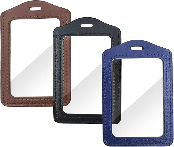 3 Pack Genuine Leather Badge Holders, Vertical ID Card Holders with Double-Side Clear Window, Waterproof Clear Card Holder for Office, Staff, Students, Employees