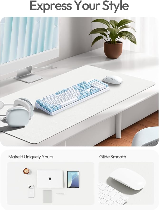 YSAGi Leather Desk Protector, Office Mat, Large Mouse Mat, Non-Slip PU Leather Blotter, Laptop Desk, Waterproof Writing Pad for Office and Home (White, 23.6" x 13.8")