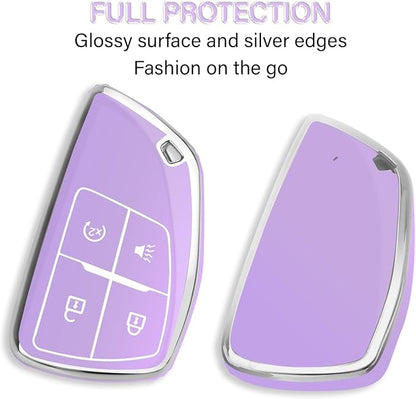 QBUC for Chevy Key Fob Cover with Keychain Soft TPU Protection Case Compatible with 2021-2026 Chevy Colorado Equinox Silverado GMC Canyon Sierra Terrain 4-Buttons(Chrome Trim Purple)