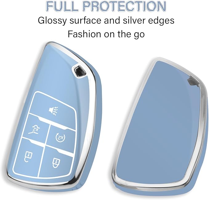 QBUC for Chevy Key Fob Cover with Keychain Soft TPU Protection Case Compatible with 2021-2026 Chevy Equinox Blazer Tahoe Suburban GMC Yukon Denali Silverado 5-Buttons(Chrome Trim Blue)