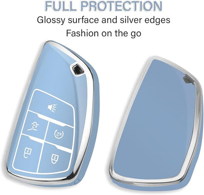 QBUC for Chevy Key Fob Cover with Keychain Soft TPU Protection Case Compatible with 2021-2026 Chevy Equinox Blazer Tahoe Suburban GMC Yukon Denali Silverado 5-Buttons(Chrome Trim Blue)