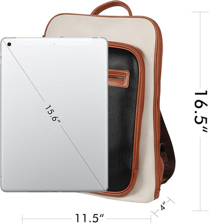 Leather Laptop Backpack, Women and Men Backpack Travel Business Work College Water Resistant Anti Theft Daypack Large fits for 15.6 inch Notebook Computer bag, Black+ Off White…