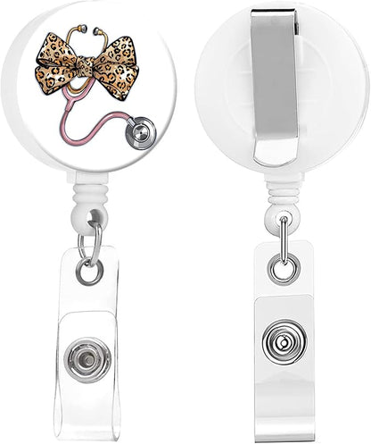 2 Pack Badge Reels Holder Retractable with ID Clip for Nurse Name Tag Card Nursing for Doctor Teacher Student Employee Office Medical Work (Stethoscope with a Leopard Bow)