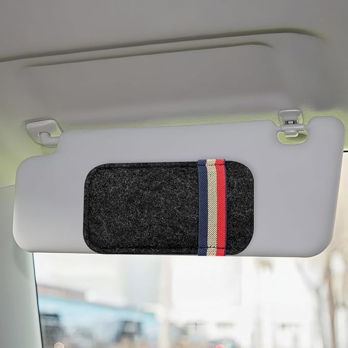 Sunglass Holder for Car Sun Visor Organizer – 6.1"×3.6" Soft Felt Eyeglasses Organizer Card Pocket for Pen Invoice, Universal Clip-on Glasses Holder Storage Pouch for Cars SUV Trucks (Black)