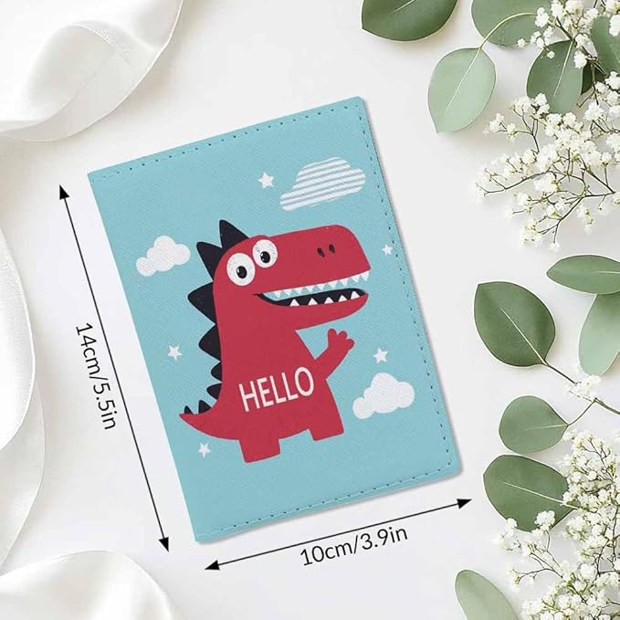 Cartoon Dinosaur Passport Holder for Travel Hello Red Lovely Dino PU Leather Passport Cover Wallet Cute Passport Card Holder for Women and Men