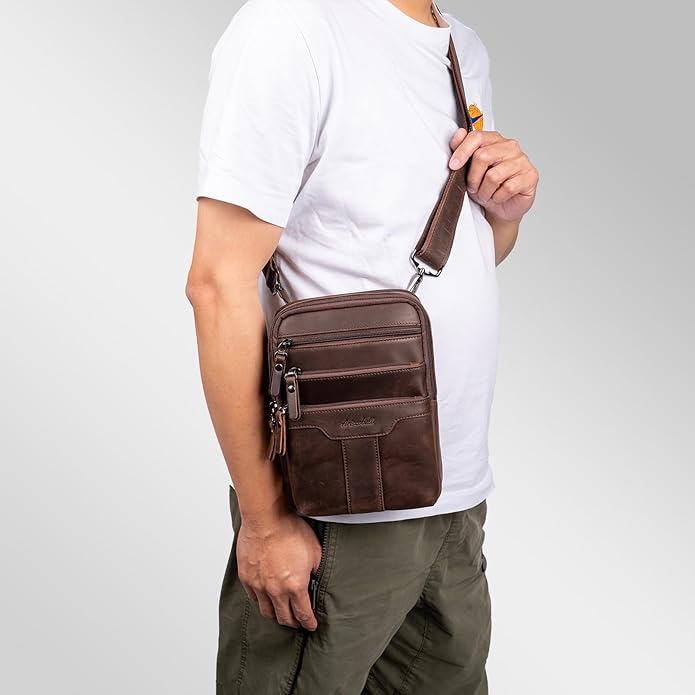 Leather Messenger Bag for Men, Small Leather Sling Shoulder Bag Messenger Pack for Men, Man Purse
