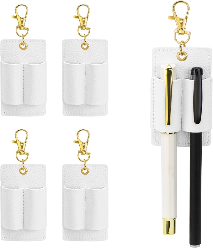 LELE LIFE 4 Pack Double Pen Holder for Lanyard, Anti-Lost Pen Clip for Retractable Badge Reel & Neck Lanyard, Pocket PU Leather Keychain for Nurse Clerk, White
