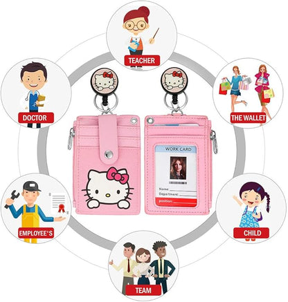 【2025 Latest】 Cute Badge Holder Retractable Lanyard Reel Clip with Heavy Duty Carabiner, 1 Clear ID Window, and 4 Card Slots in 2 Sided for Students Teens Boys Girls Women
