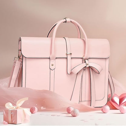 MOSISO Laptop Bag for Women, 13-14 inch PU Leather Laptop Shoulder Bags Convertible Backpack, 13.3 inch Messenger Bags Casual Handbag Work Briefcase Travel Computer Bag with Bowknot, Pink