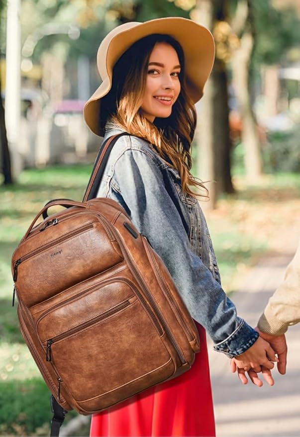 Vegan Leather Backpack, 40L Expandable, TSA Travel Backpack for Men and Women, Fits 17.0 Inch Notebook with Luggage Strap and USB Port, Brown