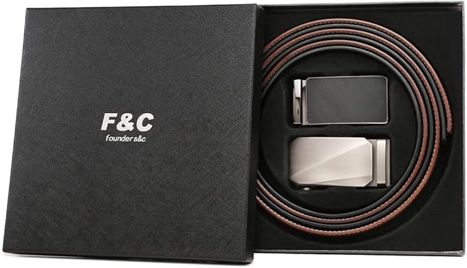 Founders & C Mens Belt 2 Pack,Leather Ratchet Click Belt Dress with Slide Buckle 1 3/8" in Gift Set Box- Size Adjustable