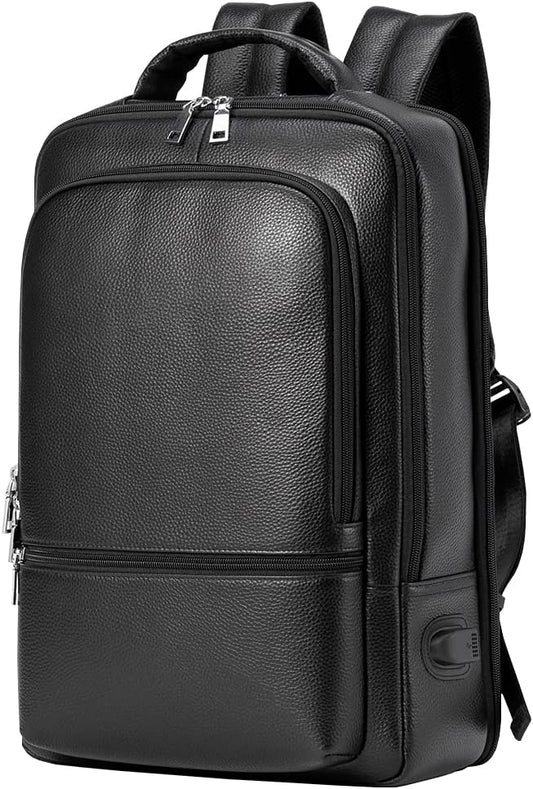 15.6 Inch Genuine Leather Laptop Backpack for Men Women, Business Travel Backpack Hiking Rucksack Daypack (4#Black)