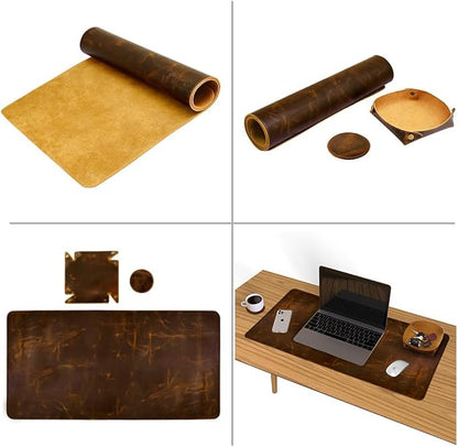 Elizo Real Leather Desk Mat Set (32x16) Large Desk Cover Desk Blotter Protector Computer Gaming Mouse Pad Table Laptop Office Desktop Accessories