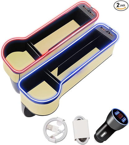 Car Seat Gap Filler Organizer, 2 Pack Multifunctional Car Seat Organizer, 7 Colours Changing LED Car Seat Seam Filler, Auto Console Side Storage Box with Cup Holders (beige)