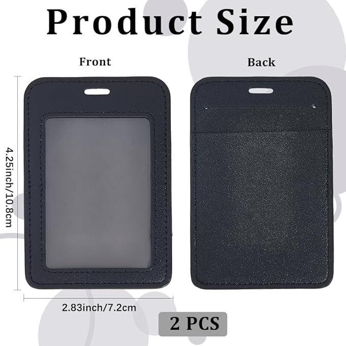 2PCS PU Leather Vertical Badge Holder Black Leather ID Card Case Waterproof Photocard Protector Sided Name Badge Pouch with Clear Window for Office Staff Students School Driver's Licenses