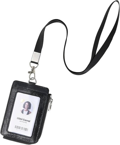 Badge Holder – Genuine Leather ID Badge Holder with Zipper Pocket and Nylon Lanyard – Perfect for Badges, Cards, and More