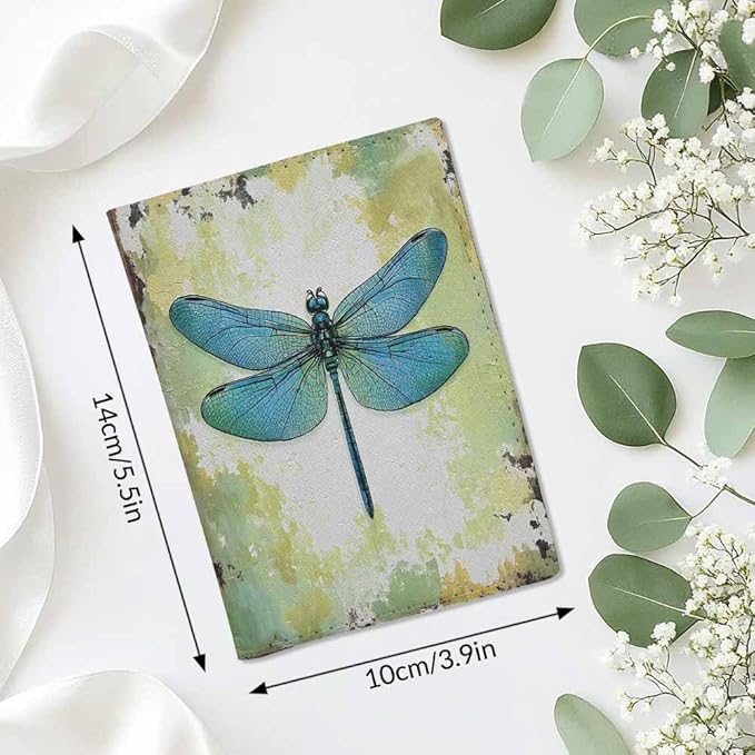 Dragonfly Passport Holder for Travel Vintage Art Green PU Leather Passport Cover Wallet Cute Passport Card Holder for Women and Men