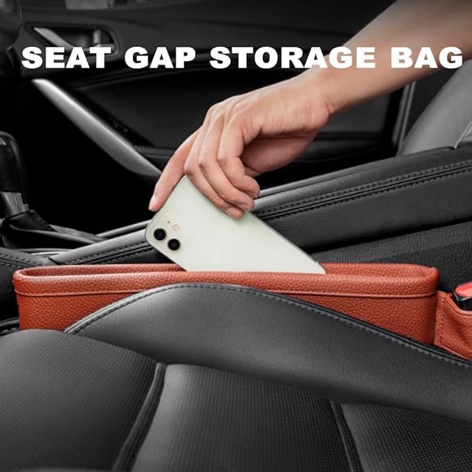 Tumecos Car Seat Pockets PU Leather Car Console Side Organizer Seat Catcher Holders Compatible with Phone Key Wallet Phone Sunglasses 2 Pack (Brown)