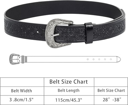 Utaly Men's Casual Leather-Belt, Western-Belt for Women Vintage Carved-Buckle Cowboy-Waist-Belts for Jeans Waist 28"-39"