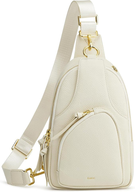 Kattee Sling Bag for Women, Leather Fanny Packs Crossbody Purse, Small Chest Bag with RFID Blocking, Beige