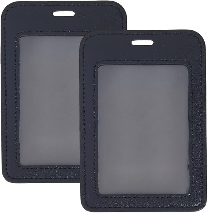 2PCS PU Leather Vertical Badge Holder Black Leather ID Card Case Waterproof Photocard Protector Sided Name Badge Pouch with Clear Window for Office Staff Students School Driver's Licenses