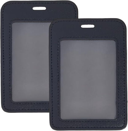 2PCS PU Leather Vertical Badge Holder Black Leather ID Card Case Waterproof Photocard Protector Sided Name Badge Pouch with Clear Window for Office Staff Students School Driver's Licenses