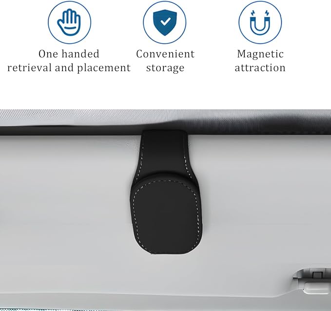 Car Sunglass Holder, Magnetic Leather Vehicle Sun Visor Eyeglass Hanger Clip, Automotive Interior Sunglass Ticket Card Organizer Mount Accessories, Universal for Most Cars (Black)
