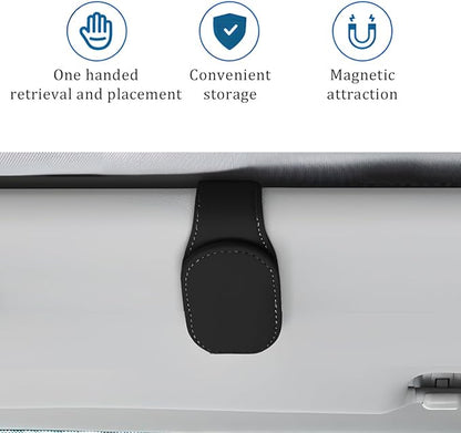 Car Sunglass Holder, Magnetic Leather Vehicle Sun Visor Eyeglass Hanger Clip, Automotive Interior Sunglass Ticket Card Organizer Mount Accessories, Universal for Most Cars (Black)