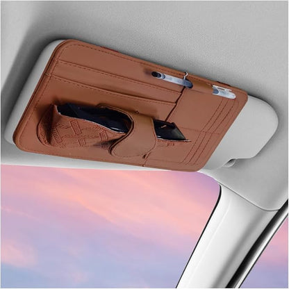 Car Sun Visor Organizer, Vehicle Sunglasses Holder, Automotive Storage Pocket for Pen, Glasses, Ticket, Card, Auto Interior Accessories Pocket for Car, SUV, Truck (Brown)