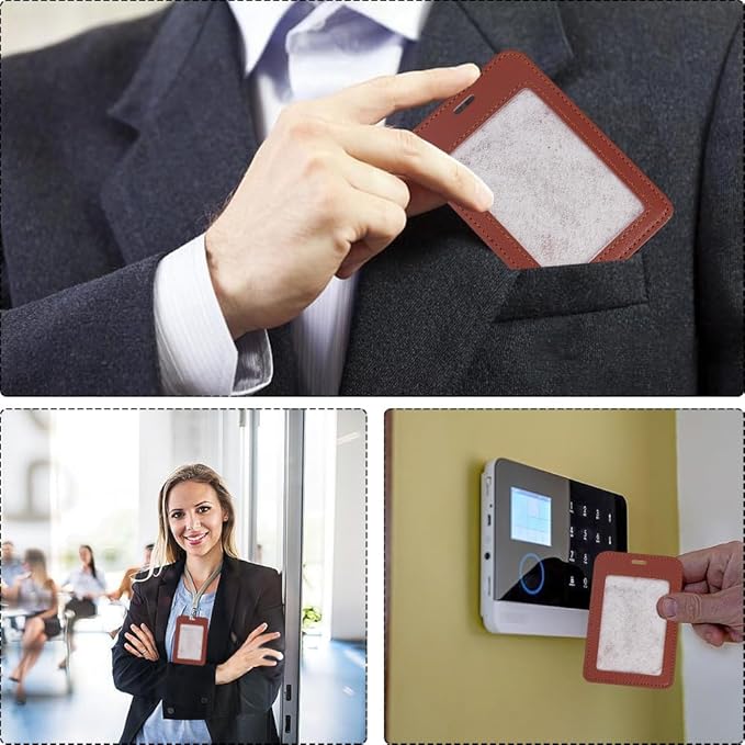 2PCS Brown PU Leather ID Card Case Vertical Sided Badge Holder Waterproof Leather Photocard Protector Name Badge Pouch with Clear Window for Office Staff Students School Driver's Licenses