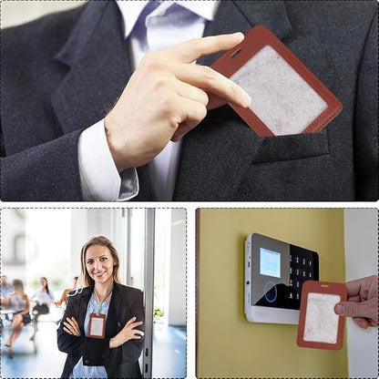 2PCS Brown PU Leather ID Card Case Vertical Sided Badge Holder Waterproof Leather Photocard Protector Name Badge Pouch with Clear Window for Office Staff Students School Driver's Licenses