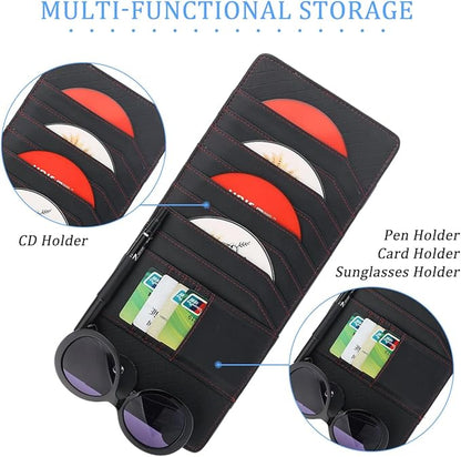 CD Case Holder for Car Sun Visor, Visor DVD Storage Organizer with Sunglasses Clip, Pen Holder & Card Slot, Multifunctional Automotive Disc Storage Pocket, Universal for SUV RV Truck (Black)