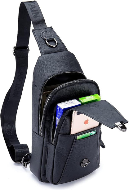 Hebetag Leather Sling Bag Crossbody Backpack for Men Women Outdoor Travel Work Shoulder Chest Pouch Camping Casual Daypack Black 18cm(W) x8cm(D) x30cm(H)(7.08"x3.14"x11.81") approx;