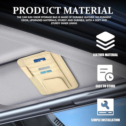Small Leather Sun Visor Organizer, Visor Accessories, Multi-Pocket Sunvisor Storage with Sunglass Holder, Car Organizer for Drving License Card Pen Fits Most Vehicles (Beige)