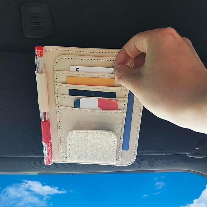 SENHAI Car Sun Visor Organizer for Car, 2 Pcs Small Leather Car Card Sleeve Pocket Organizer, Car Visor Organizer Storage Pouch for Hold Card, Sunglass Holder, Pen (Beige & Black)